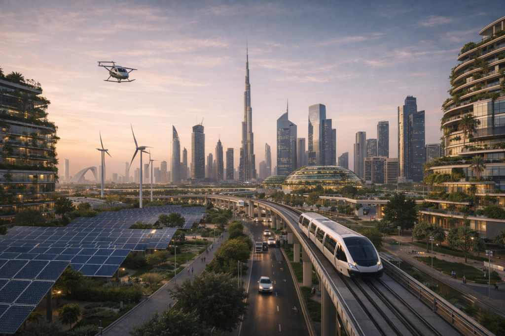A futuristic cityscape with a sleek bullet train on an elevated track, solar panels, wind turbines, and a drone flying overhead.
