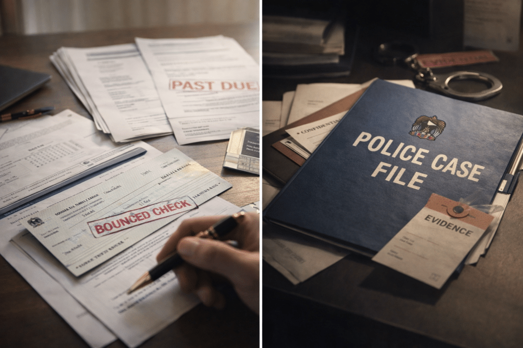 Two images: one shows a table cluttered with documents, a "Past Due" notice, and a "Bounced Check" stamp; the other depicts a "Police UAE Travel Ban Guide Case File" with folders and handcuffs.