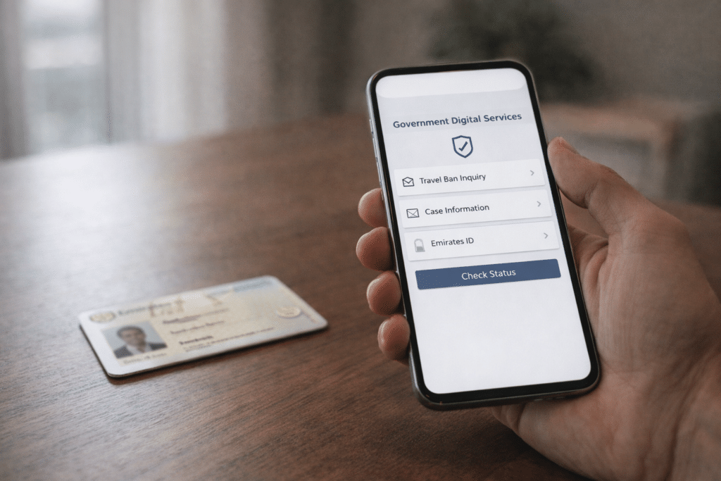 A person holding a smartphone displaying a government UAE Travel Ban Guide digital services app, with an ID card on the table.