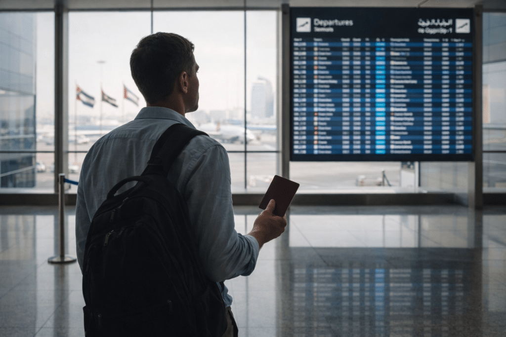 A person with a backpack and passport looks at a departure board in an airport terminal.