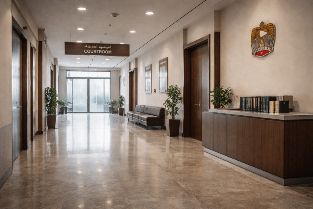 A hallway leading to a courtroom, with potted plants, wooden doors, a bench, and a shelf with books on the right.