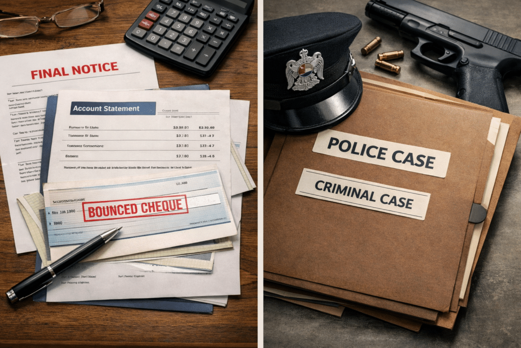 Stack of financial UAE Travel Ban Guide documents with a "Bounced Cheque" note next to police files labeled "Police Case" and "Criminal Case" with a police hat and gun.