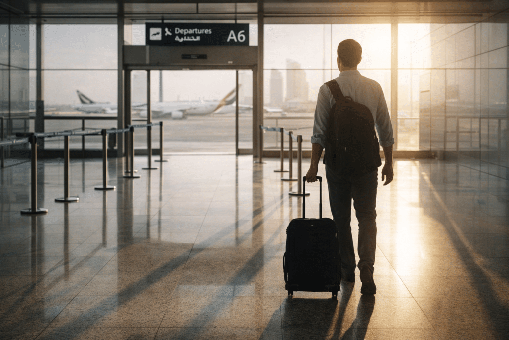 A person with a backpack pulls a suitcase toward the airport departure gate A6 at sunrise.