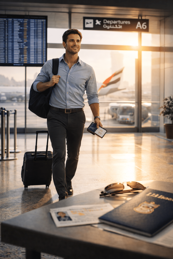 A man in a shirt walks through an airport with luggage, holding a phone and passport, with a boarding area visible in the background.
