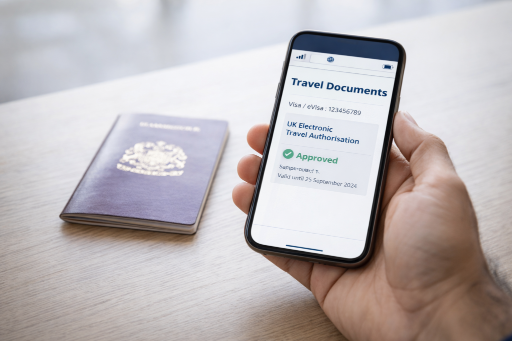 UK ETA for Dubai & UAE Travellers: Close-up of a smartphone showing a digital travel document beside a passport, representing modern UK digital border systems.