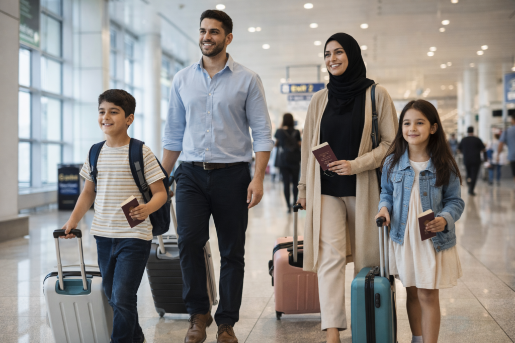 Family with children walking confidently through an international airport terminal carrying passports and cabin luggage.