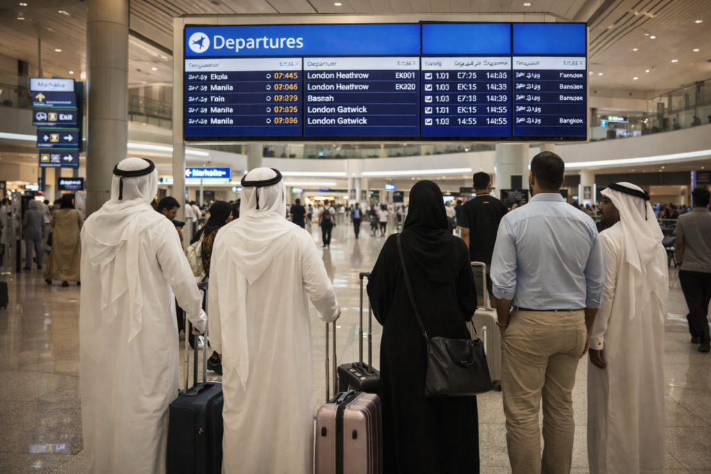 UK ETA for Dubai & UAE Travellers at Dubai International Airport viewing departure boards showing London Heathrow and London Gatwick flights in a modern terminal.