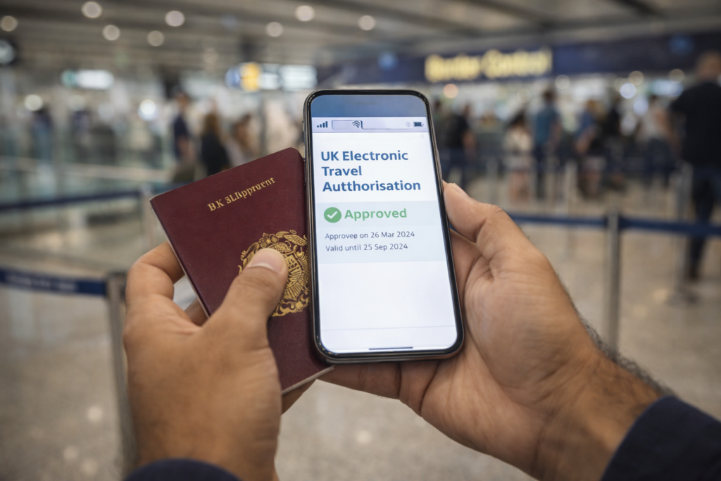 Traveller holding a passport and smartphone displaying a UK Electronic Travel Authorisation confirmation at a UK airport border control area.