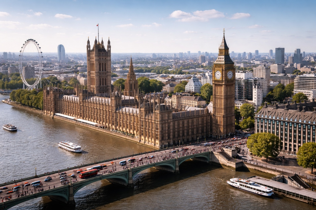 Aerial view of London featuring Big Ben, Westminster, and the River Thames on a clear day with natural city colours.