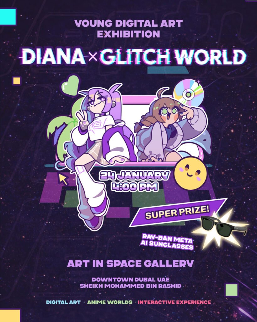 Poster for "Diana x Glitch World" digital art exhibition in Dubai, featuring cartoon characters and event details.