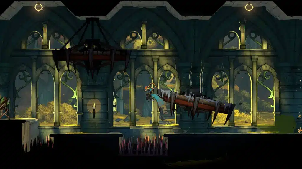 A character jumps over deadly spikes in a medieval stone hall with stained glass windows and archways in the new Castlevania: Belmont's Curse game.