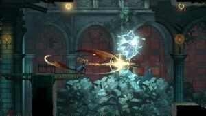 A character with a glowing sword battles an ethereal creature in a crumbling, gothic-style building.