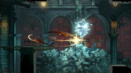 A character with a glowing sword battles an ethereal creature in a crumbling, gothic-style building.