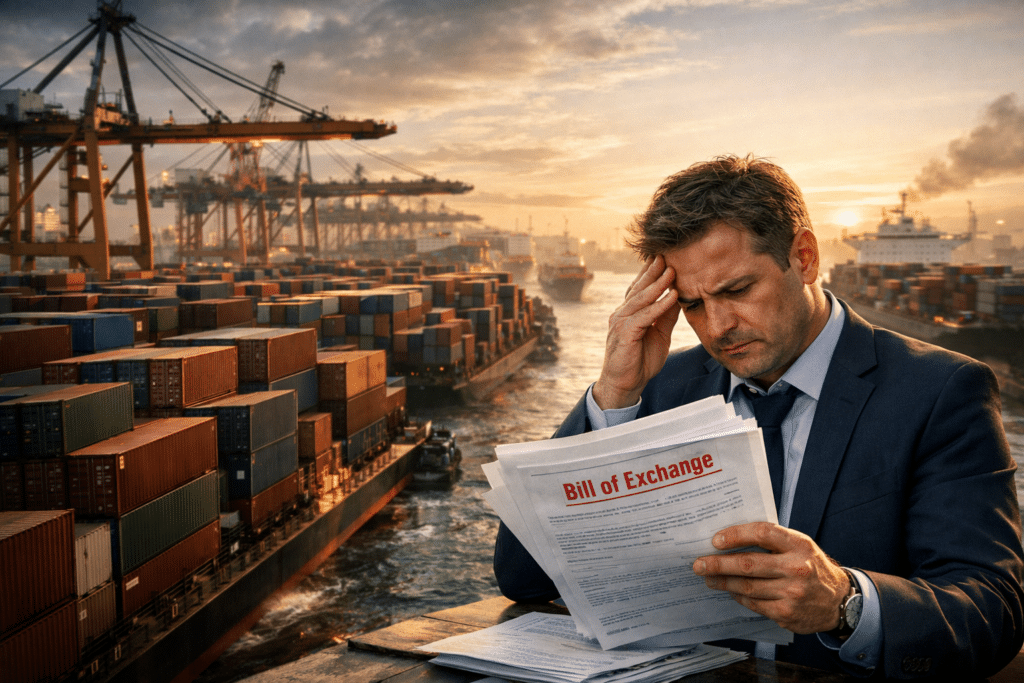 A man in a suit reviews documents labeled "Bill of Exchange" at a busy shipping port with numerous cargo containers and cranes.