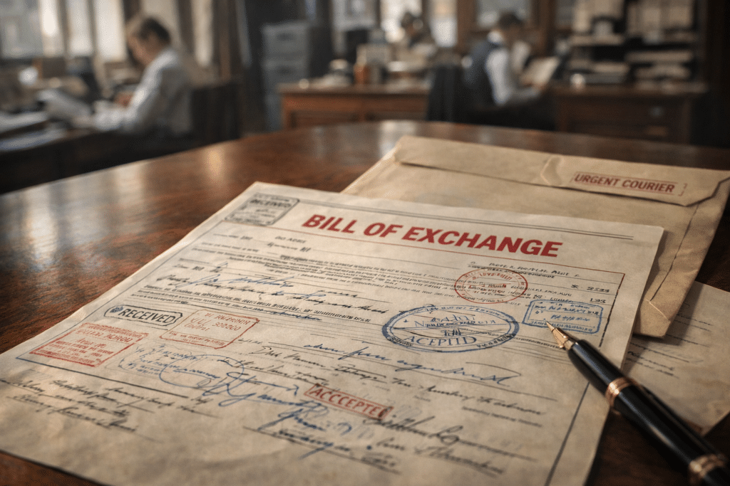 A bill of Citi's Solana Breakthrough exchange document on a desk, stamped with "Accepted" and "Preceded," alongside a pen and an urgent courier envelope.