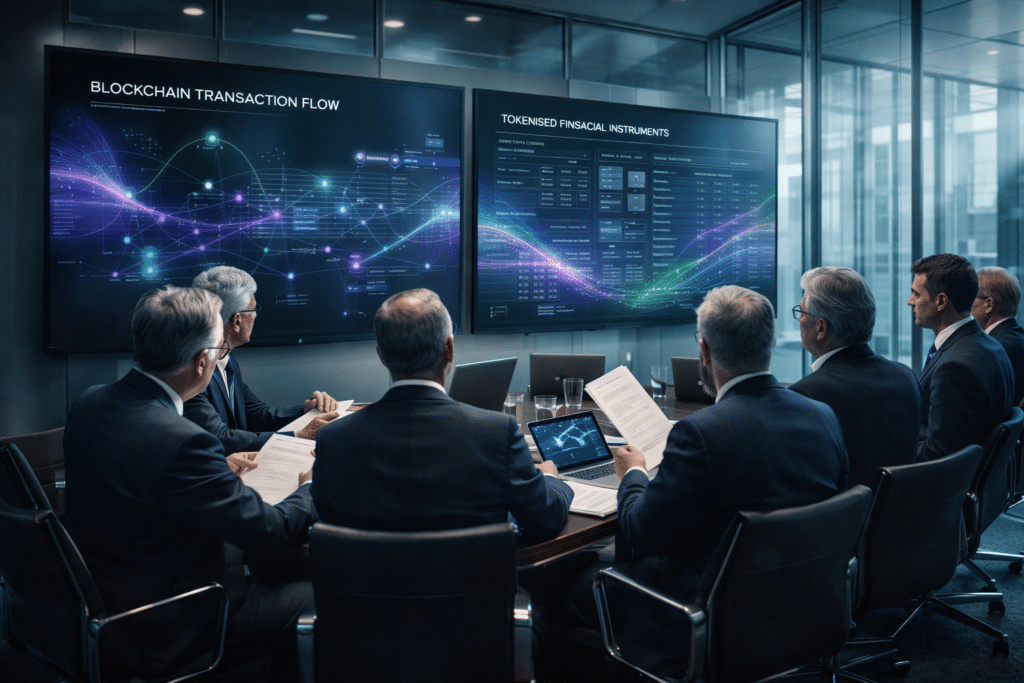 A group of businesspeople in a conference room viewing large screens displaying blockchain and financial data.