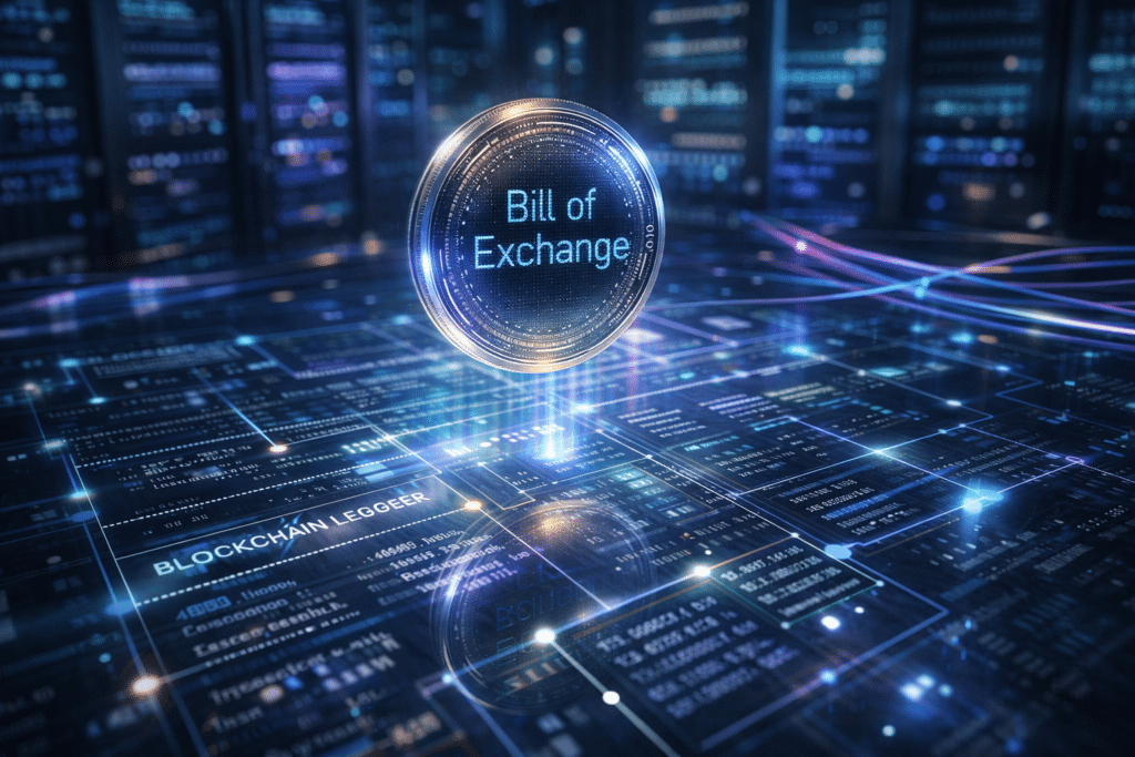 Digital representation of a Citi's Solana Breakthrough "Bill of Exchange" surrounded by a virtual blockchain ledger display with interconnected data streams.