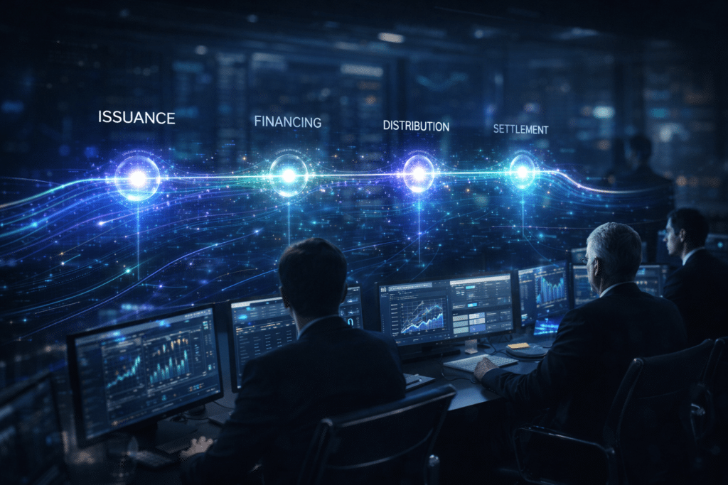 Several people working at computer stations with multiple monitors, displaying complex digital graphs and the words "Issuance," "Financing," "Distribution," "Settlement" above an abstract glowing line.