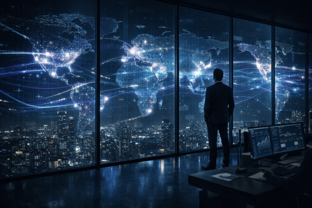 Citi's Solana Breakthrough: A person stands in front of large digital screens displaying a global map with illuminated network connections and city lights.