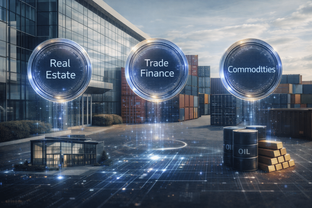 Citi's Solana Breakthrough: Three futuristic holographic icons labelled "Real Estate," "Trade Finance," and "Commodities" float above a business district.