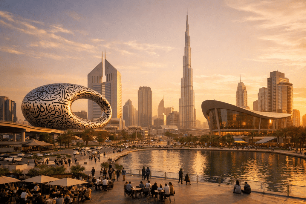 Dubai is a Global Cultural Capital: A cityscape at sunset featuring a futuristic oval building with calligraphy, high-rise towers, and a waterfront with people dining.
