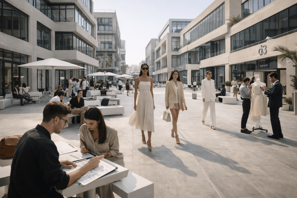 People walk and sit in a modern outdoor commercial plaza with contemporary buildings and cafes.