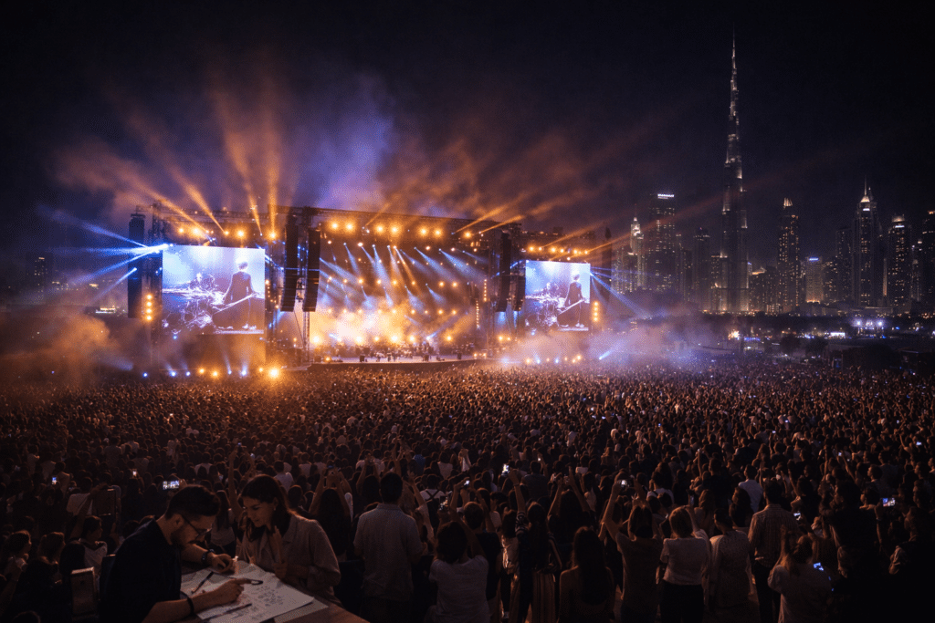Dubai is a Global Cultural Capital: A large crowd watches a nighttime concert with vivid stage lights and city skyscrapers in the background.