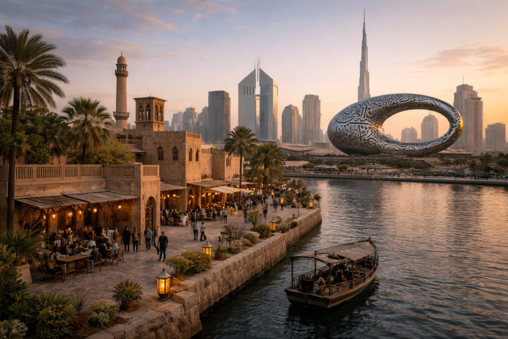 A scenic waterfront with traditional architecture on the left, a wooden boat on a canal, and a modern city skyline in the background.