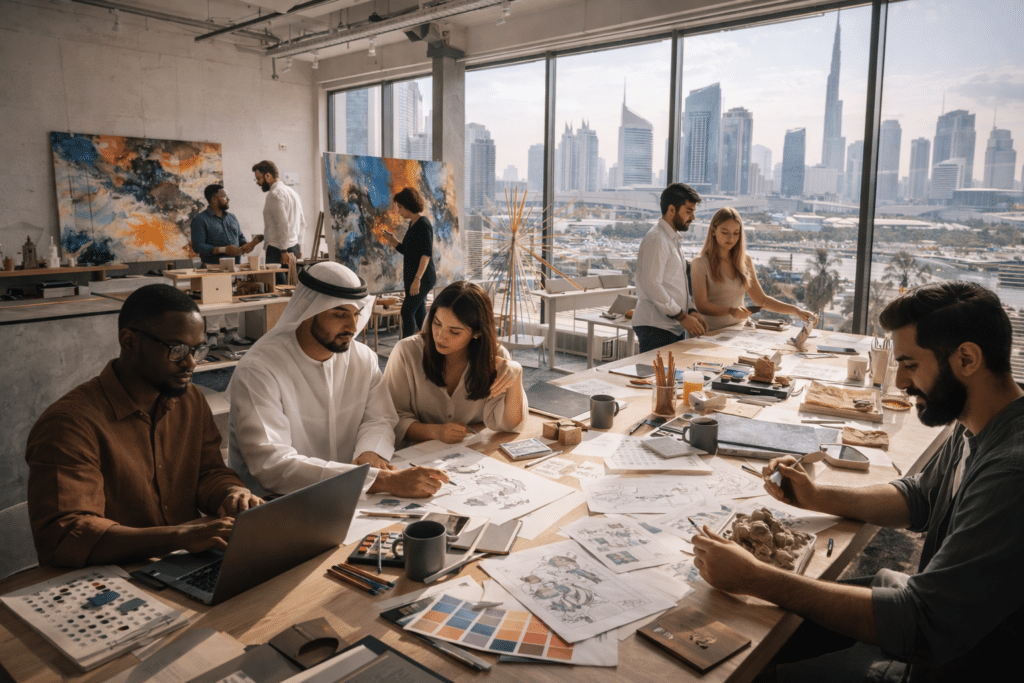 People collaborating in an art studio with city skyline visible through large windows in the background.