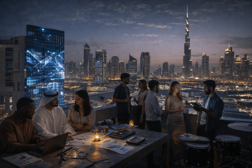 A group of people socializing and working on laptops at a rooftop gathering with a city skyline illuminated at dusk in the background.