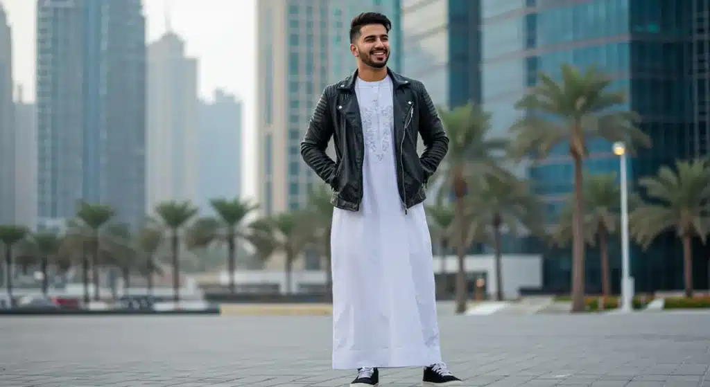 A man in a black leather jacket over a traditional white garment stands smiling outdoors near palm trees and tall buildings.