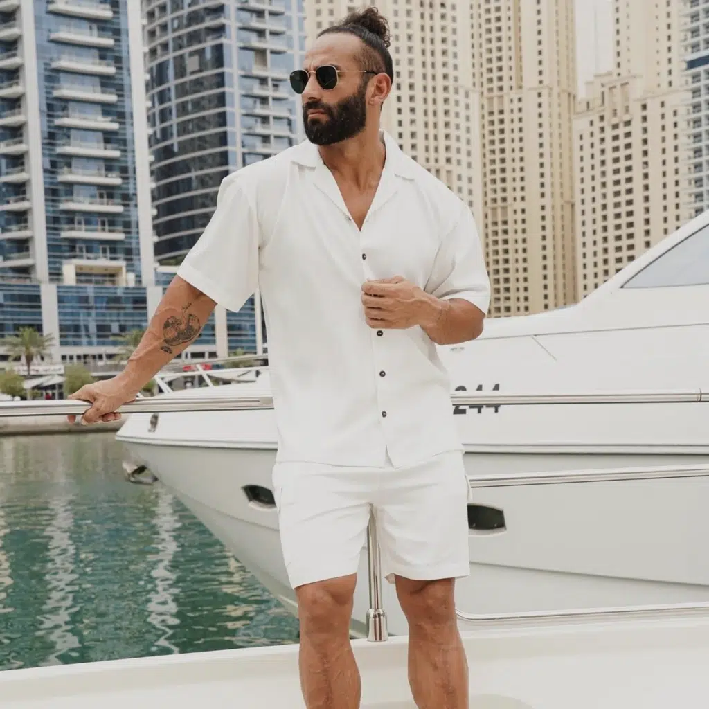 A man in a white shirt and shorts stands by a yacht, with tall buildings in the background.