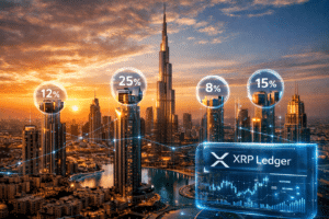 A futuristic cityscape at sunset with skyscrapers marked by percentage figures, linked to a digital display reading "XRP Ledger."