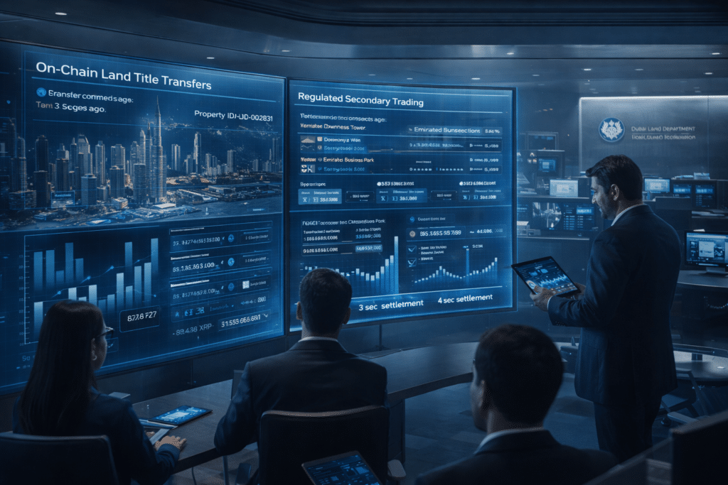 A group of people in a modern office analyzing digital screens displaying data on land title transfers and secondary trading.