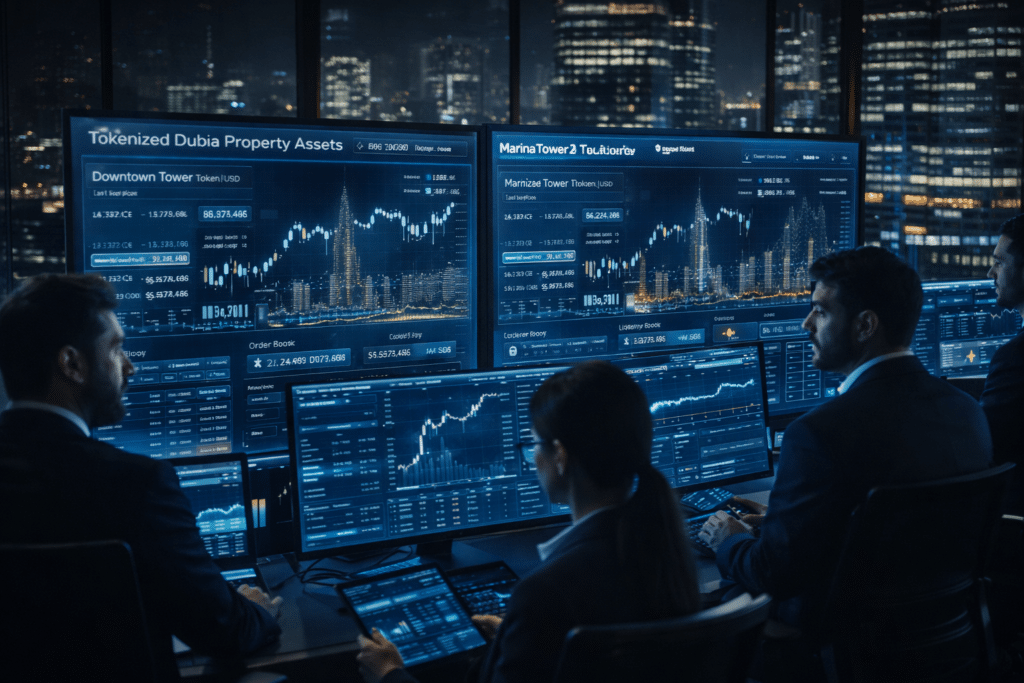 People in an office analyzing multiple large screens displaying financial graphs and data.