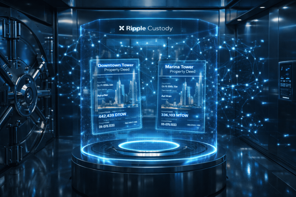 Futuristic digital vault displaying two property deeds under