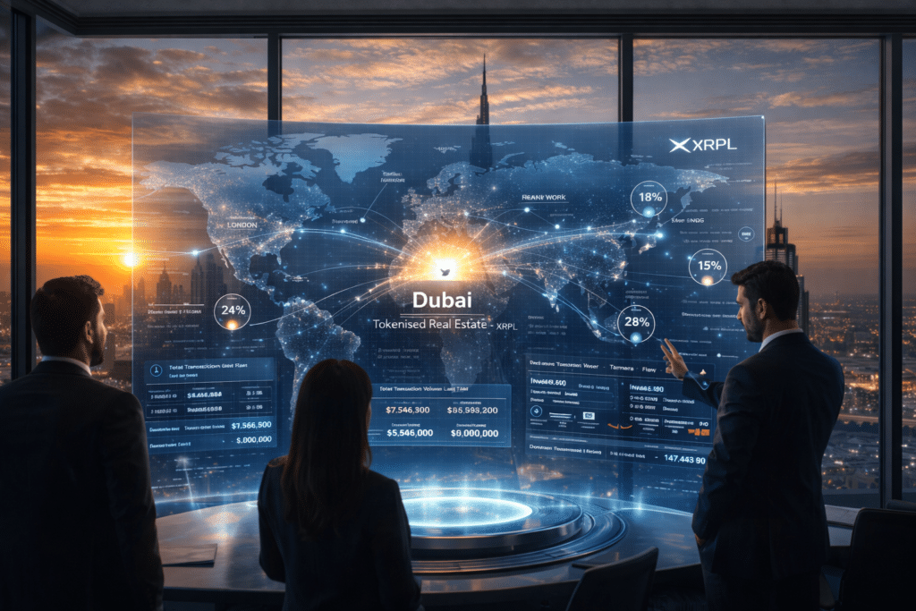 Three people in an office view a digital screen displaying global tokenised Dubai Real Estate data, highlighting Dubai, against a sunset skyline.
