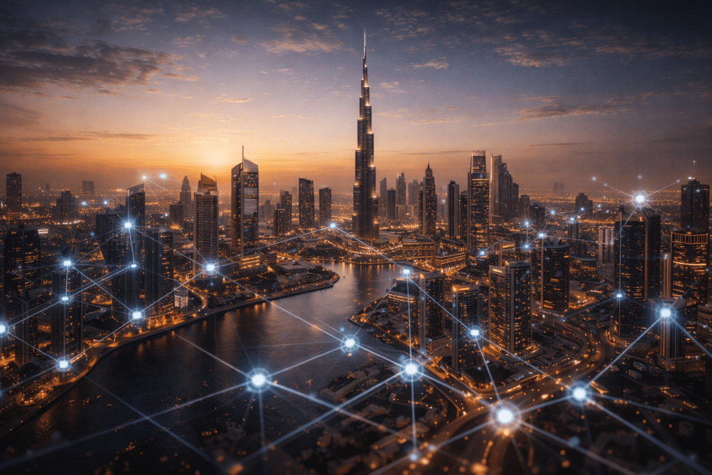 A cityscape at dusk with tall skyscrapers illuminated, featuring digital connection lines overlaying the scene.