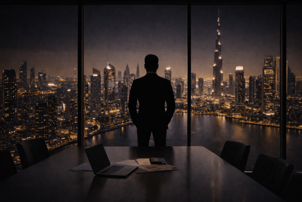 Crypto Firms Are Choosing Dubai: Silhouette of a person in a suit standing in front of a window overlooking a city skyline at night.