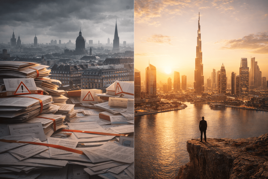 Crypto Firms Are Choosing Dubai: A city split image: a pile of documents with warning signs overlooks a gloomy European cityscape on the left, and a person stands on a cliff admiring a modern skyline at sunset on the right.
