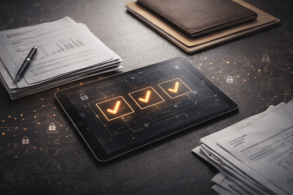 A tablet displaying three illuminated checkmarks on a desk with stacks of papers and notebooks nearby.