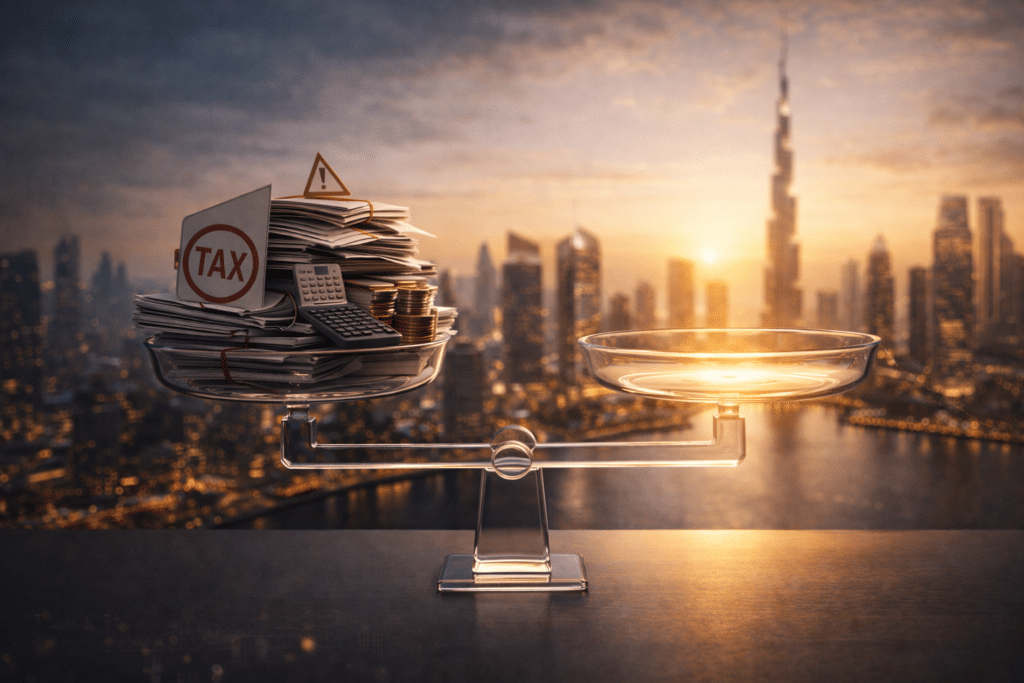 Crypto Firms Are Choosing Dubai: A scale with piles of paperwork, a calculator, coins, and a