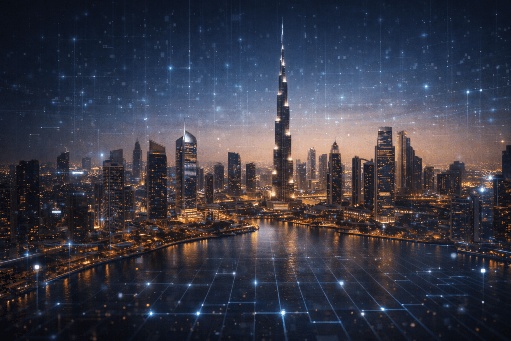 Futuristic city skyline at dusk with tall skyscrapers and digital grid overlay.