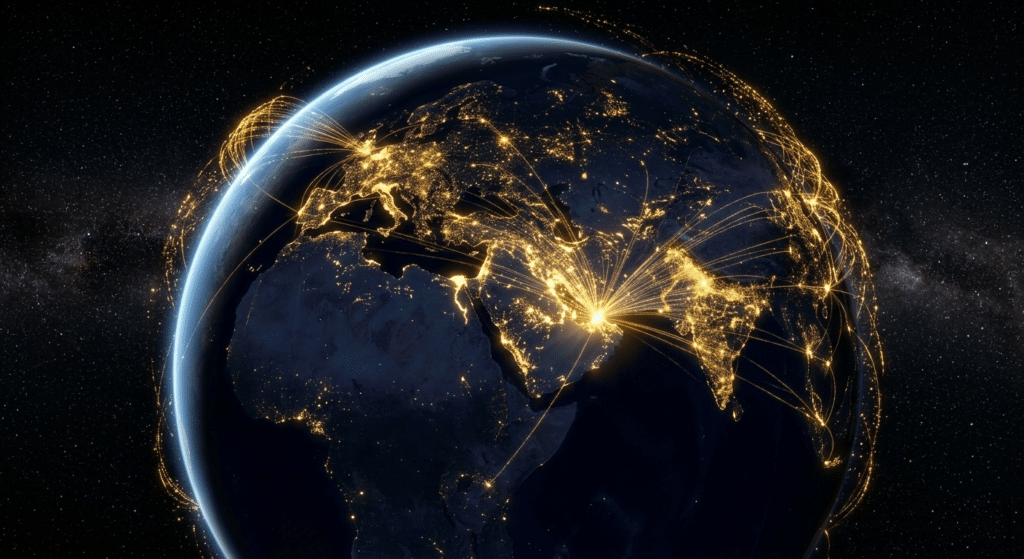Earth at night from space, with illuminated city lights and glowing lines depicting global network connections.