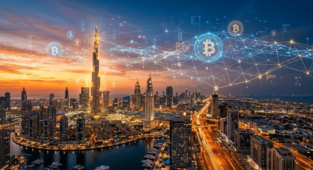 A city skyline at sunset with digital Bitcoin symbols and network lines overlaying the scene.