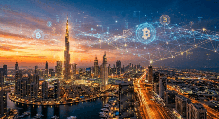 A city skyline at sunset with digital Bitcoin symbols and network lines overlaying the scene.