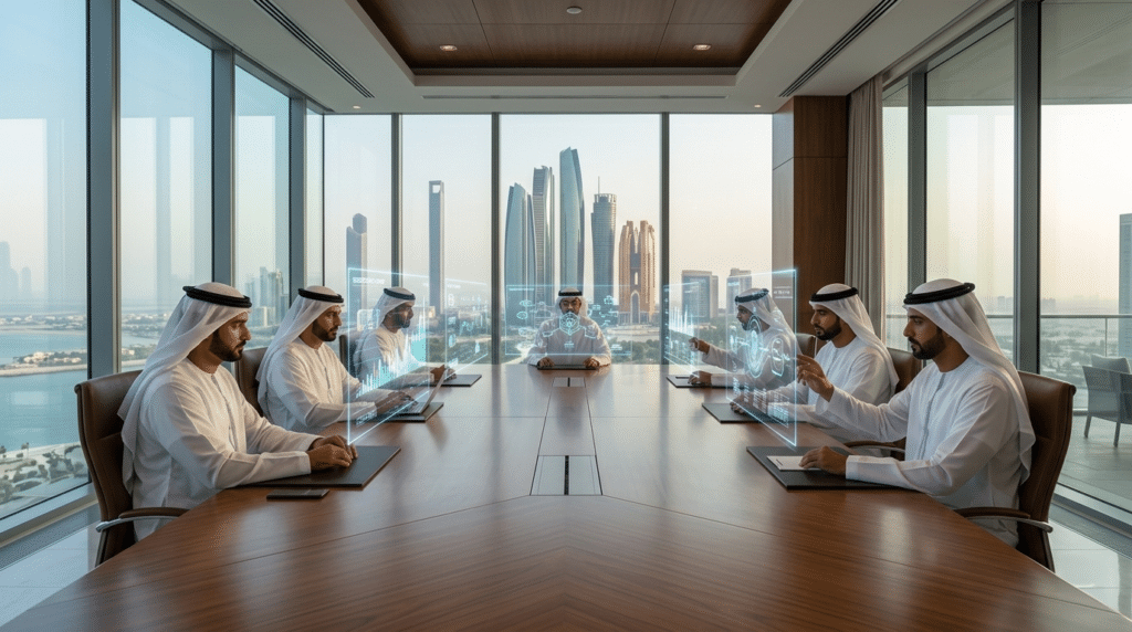 Several men in traditional clothing are using holographic displays in a modern Global Crypto conference room with large windows and city views.