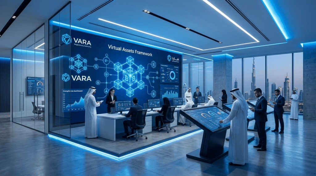 People in traditional attire and business suits work with large digital Global Crypto displays in a modern high-tech office.