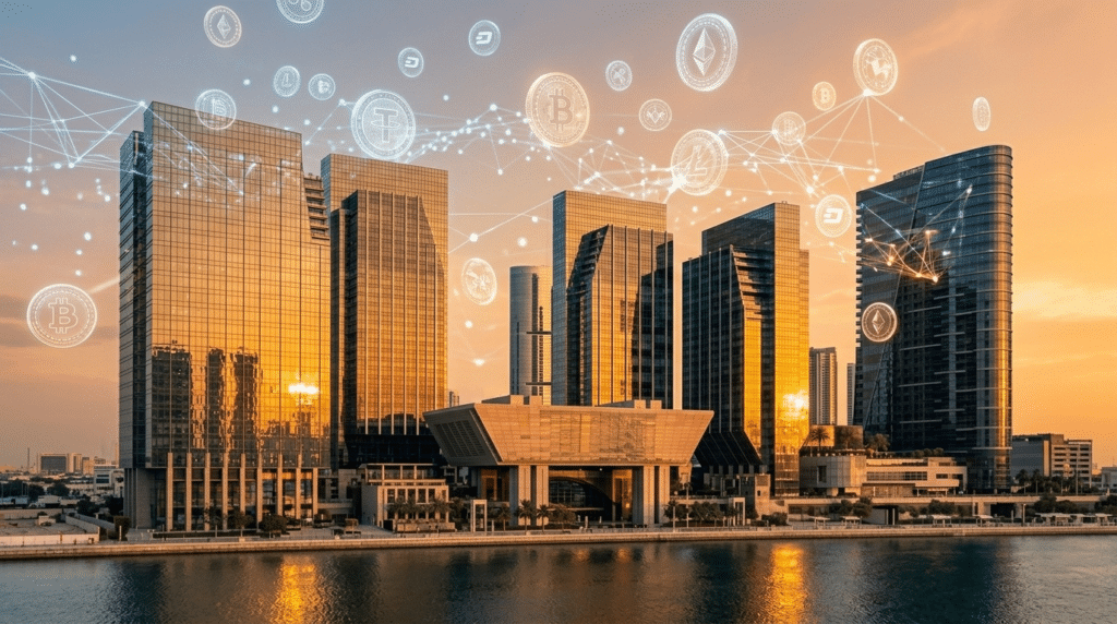 A modern skyline with tall glass buildings reflecting a sunset, overlaid with various Global Crypto symbols interconnected by lines.