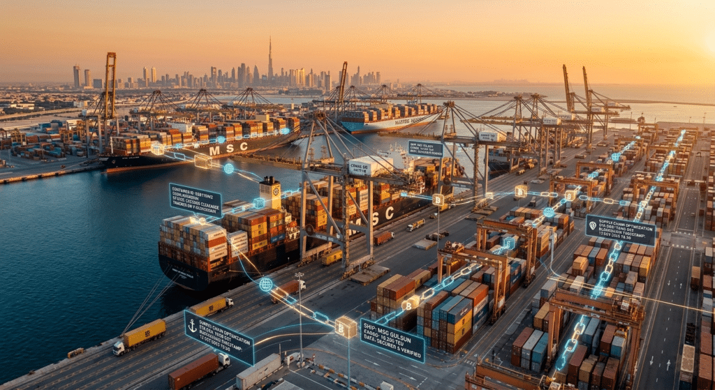 A busy shipping port at sunset with cranes, stacked containers, and digital information overlays on logistics data.